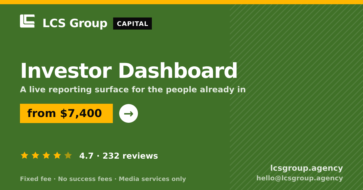 Investor Dashboard — from $7,400, rated 4.7/5 across 232 reviews. LCS Group Agency.