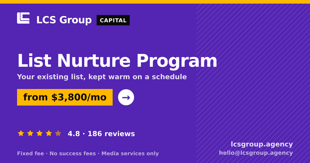 List Nurture Program — from $3,800/mo, rated 4.8/5 across 186 reviews. LCS Group Agency.