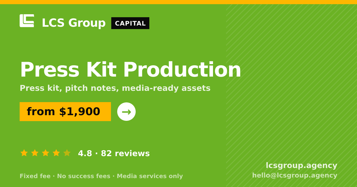 Press Kit Production — from $1,900, rated 4.8/5 across 82 reviews. LCS Group Agency.
