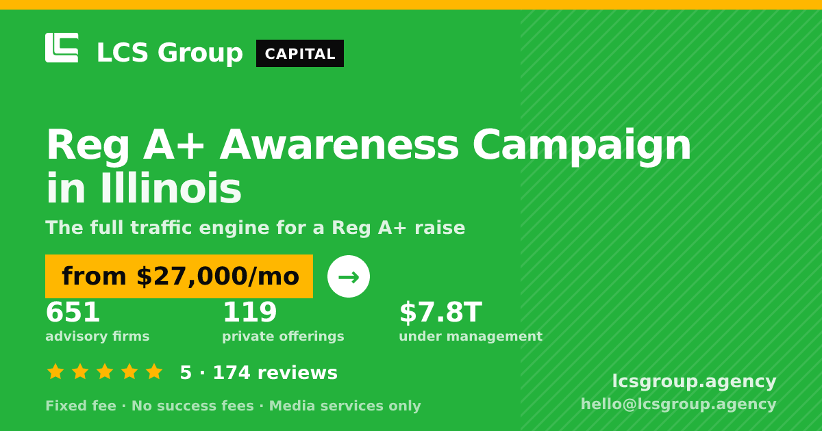 Reg A+ Awareness Campaign in Illinois — from $27,000/mo, rated 5/5 across 174 reviews. LCS Group Agency.